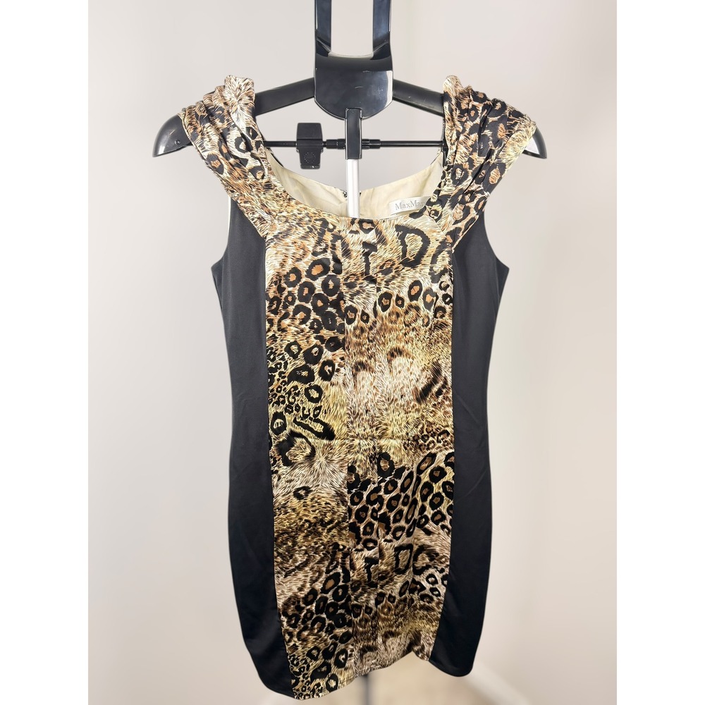 Max Mara Vintage‎ Silk Leopard Print Sheath Dress Black Tan Animal Print Size 40